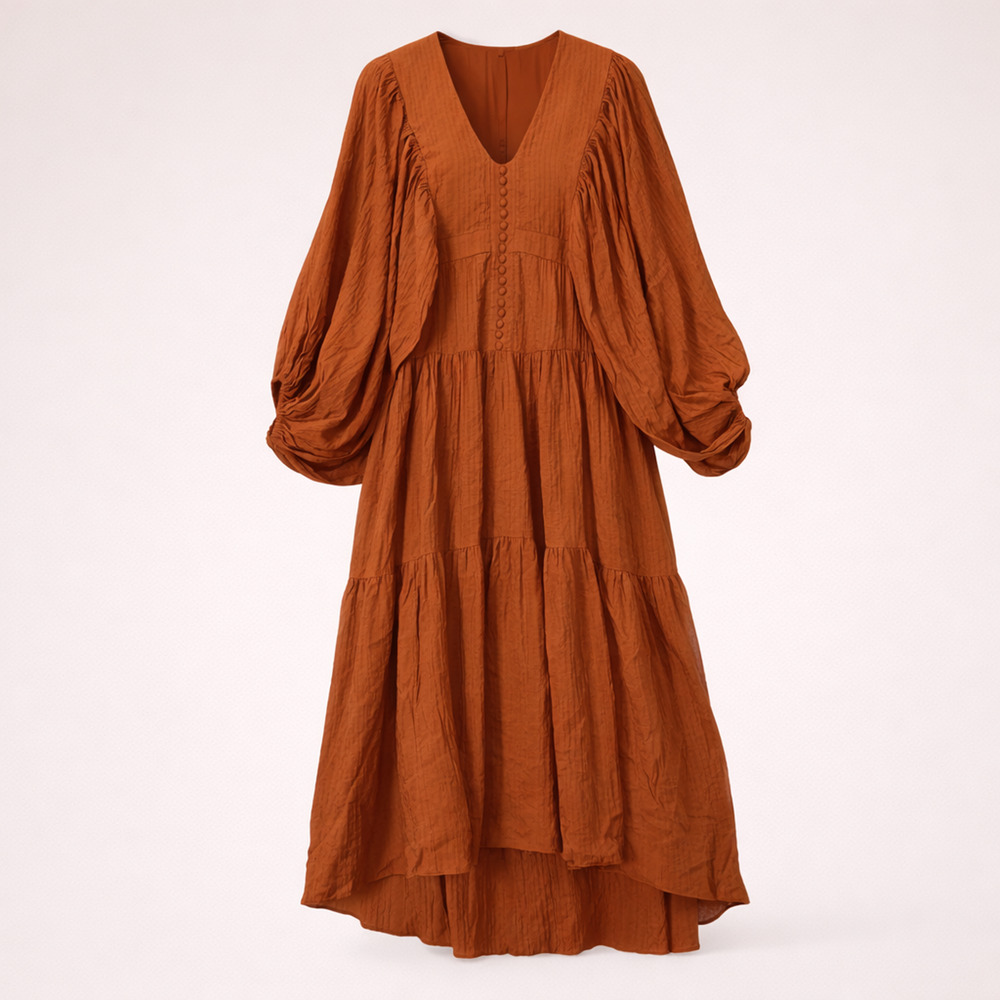 Shona‎ Joy Mila Plunged Tiered Midi Dress Womens 8 Paprika Boho Cottage Prairie